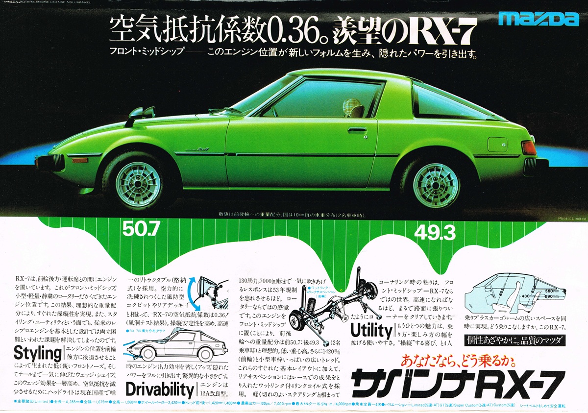 1978年発行のマツダ・サバンナRX-7（SA22C）雑誌広告。ライムグリーンのボディを真横から捉え、Cd値0.36・フロントミッドシップ・前後重量配分50.7：49.3を図解で示す。
