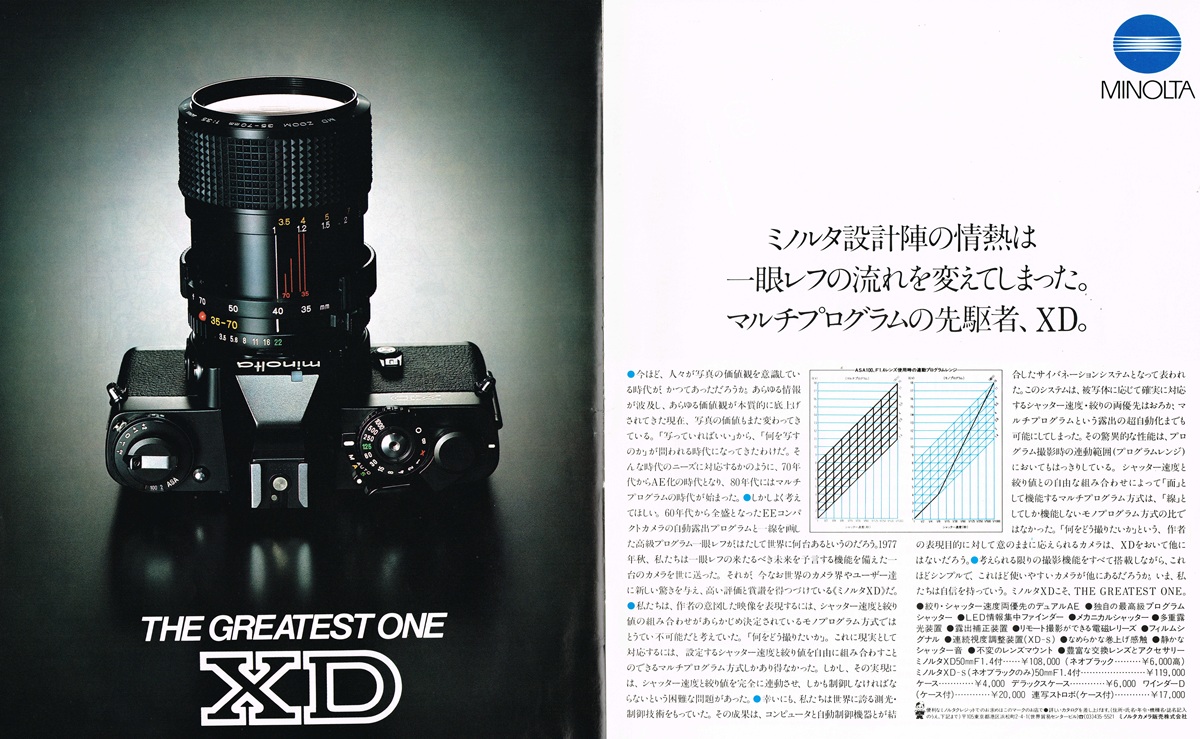 1981年のミノルタXDの雑誌広告。黒背景にカメラ本体を俯瞰で捉えた重厚なビジュアル。