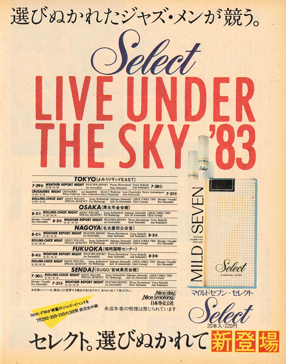 1983年のマイルドセブン・セレクト新登場雑誌広告。「SELECT LIVE UNDER THE SKY '83」の全国公演スケジュール、Weather Report・Sonny Rollins Special Quartet・Chick Corea Trio・The Crusadersの出演者一覧、20本入220円のパッケージ。日本専売公社。